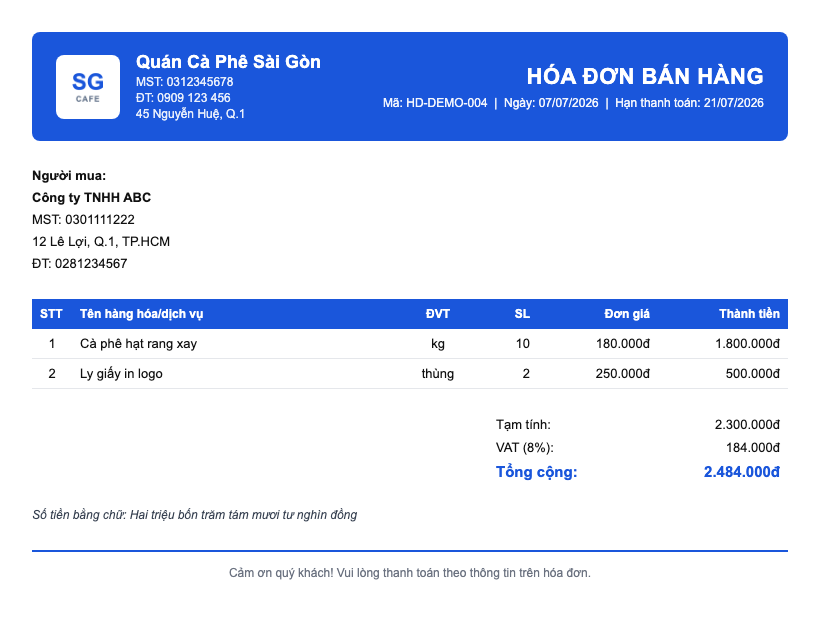 Hóa đơn Chuyên nghiệp có logo của bạn