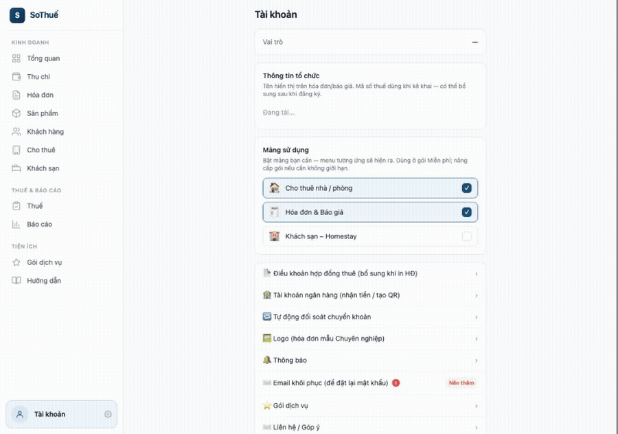 Chọn mảng Bán hàng / Cho thuê trong onboarding